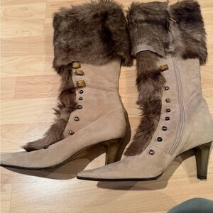 Spectacular Marino Fabiana Fur Trim Tall Heeled Boots - Taupe